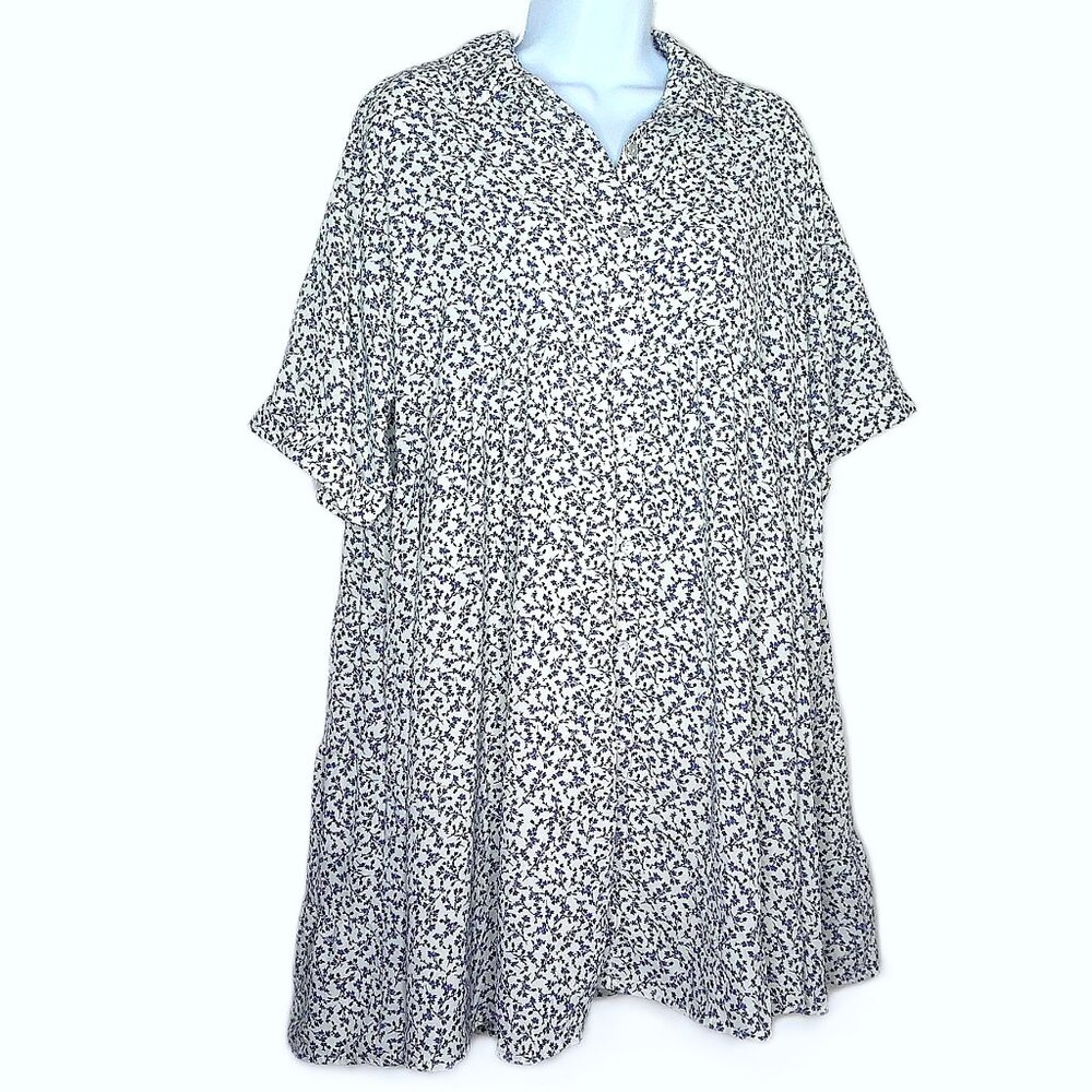Entro Floral Shirt Dress Blue & Off White Flowy Oversize Short Cuff Sleeves Sz S